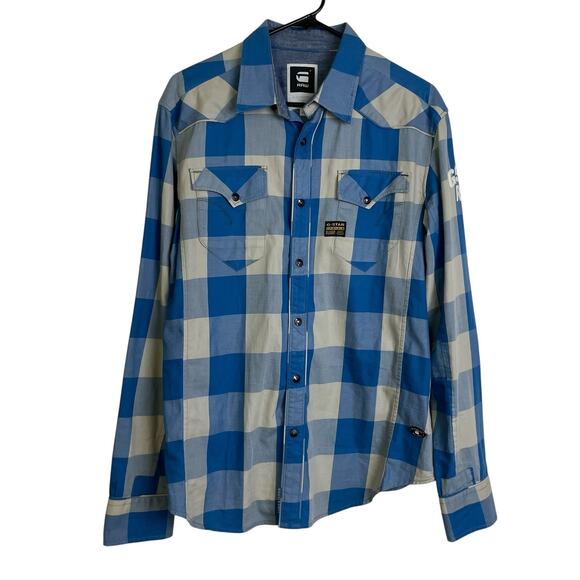 G-Star RAW Shirt Mens XL Blue Gray Plaid Button Up Western Pearl Snap Denim - Picture 1 of 12